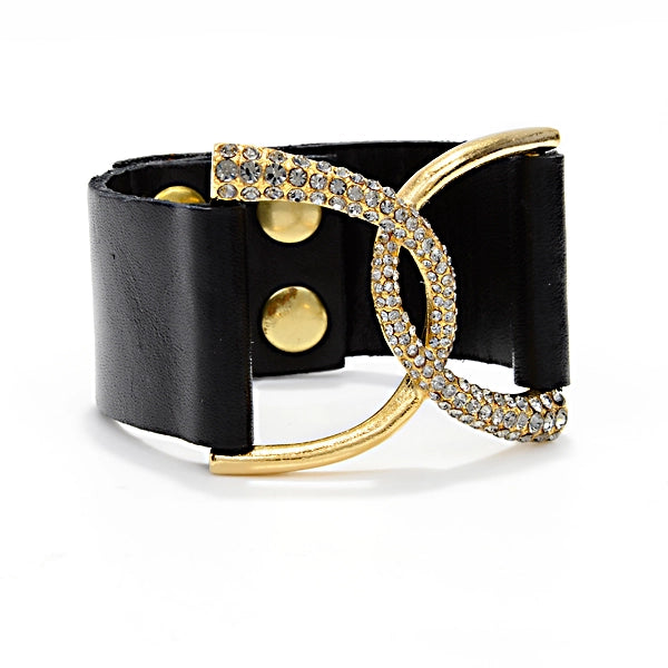 crystal double D-ring leather bracelet features 18K gold finish with black diamond crystal accents. Genuine Italian leather with adjustable snap closure. Handmade in New York.