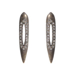 crystal cutout small bullet earrings feature an antique brass finish with black diamond crystals. Handcrafted in Brooklyn.