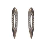 crystal cutout small bullet earrings feature an antique brass finish with black diamond crystals. Handcrafted in Brooklyn.
