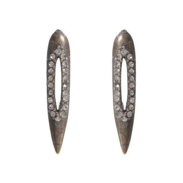 crystal cutout small bullet earrings feature an antique brass finish with black diamond crystals. Handcrafted in Brooklyn.
