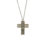 baguette crystal cross pendant necklace features 18K gold finish with black diamond crystal accents on a 16" fine chain with lobster clasp closure. Handcrafted in Brooklyn.