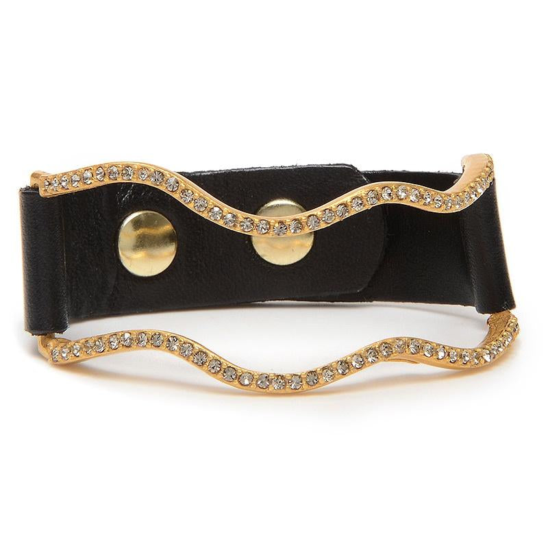 vintage brown leather bracelet features 18K gold plating over brass with black diamond crystal accents. Handmade in New York.