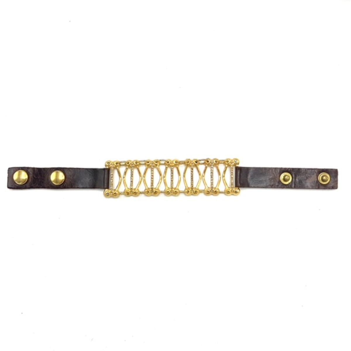 vintage brown leather bracelets features 18K gold plating over brass with black diamond crystal accents. Handmade in New York.