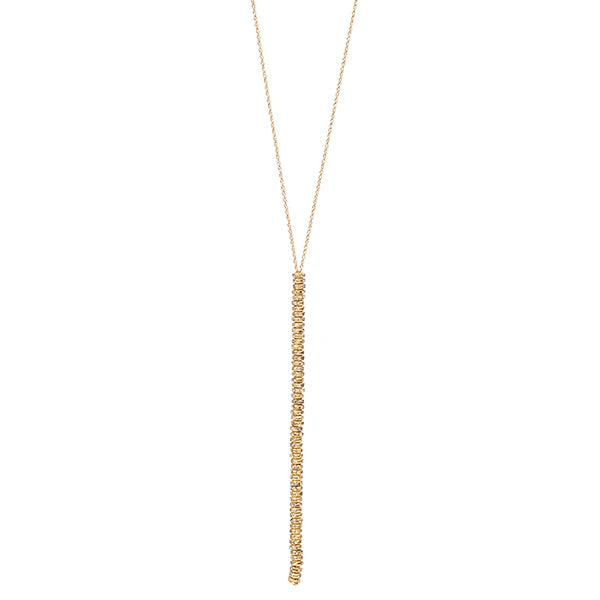 crystal stacked Y necklace features 18K gold finish with black diamond crystals accents. This necklace has a 36" chain with lobster clasp closure. Handmade in New York.