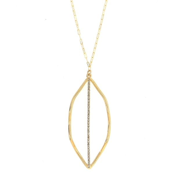 leaf pendant necklace features 18K gold plating over brass. Embellished with Black Diamond. Handmade in New York.