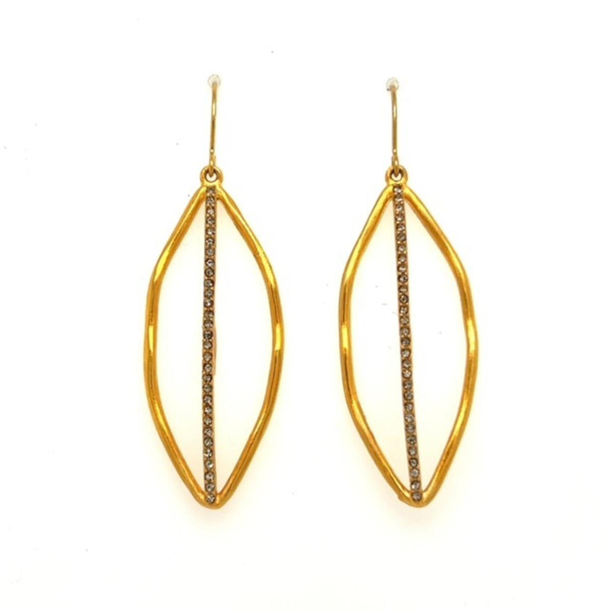 leaf shaped earrings feature gold plating over brass with black diamond accents. Handmade in New York.