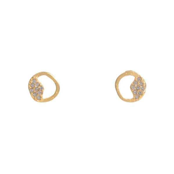 apple inspired small stud earrings feature 18K gold finish with black diamond crystals accents. Handcrafted in Brooklyn.