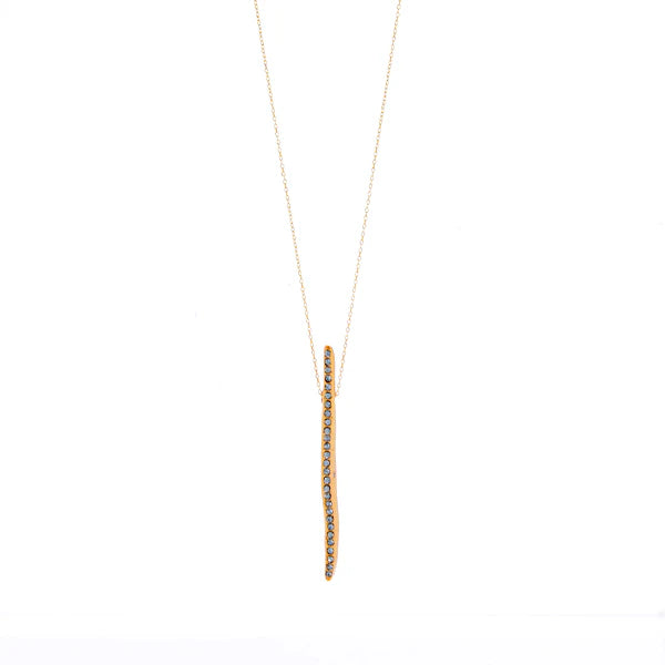 quirky stick pendant necklace features 18K gold finish with black diamond crystal accents on a 16" delicate chain with lobster clasp closure. Handmade in New York.