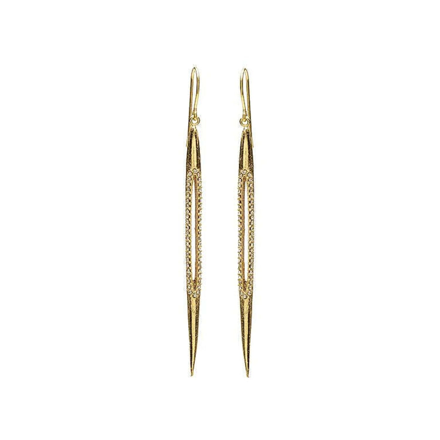 long bullet drop earrings with crystal cutouts feature 18K gold finish with black diamond crystals. Handmade in New York.