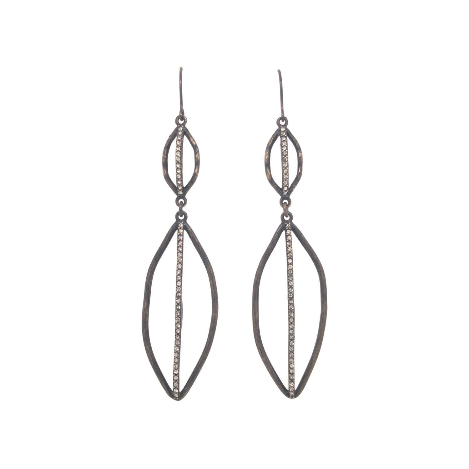 double crystal leaf drop earrings feature an antique brass finish with black diamond crystals. Handmade in Brooklyn.
