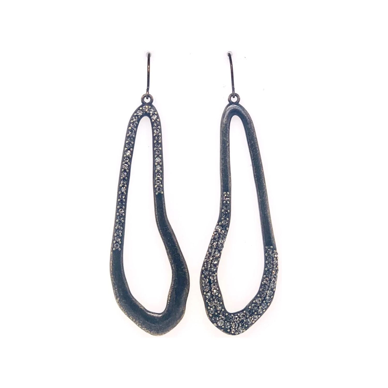 open center pear shaped crystal drop earrings feature an antique brass finish with black diamond crystals. Handmade in Brooklyn.