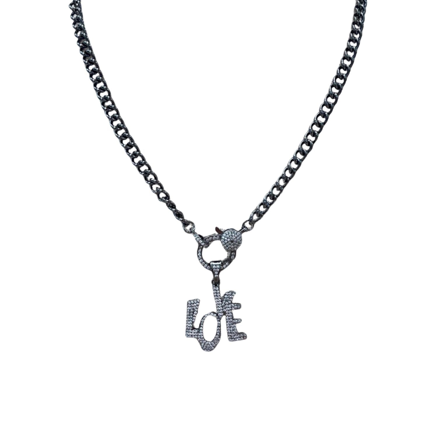 black plated necklace with cubic zirconia crystals on a chain with a clip closure.