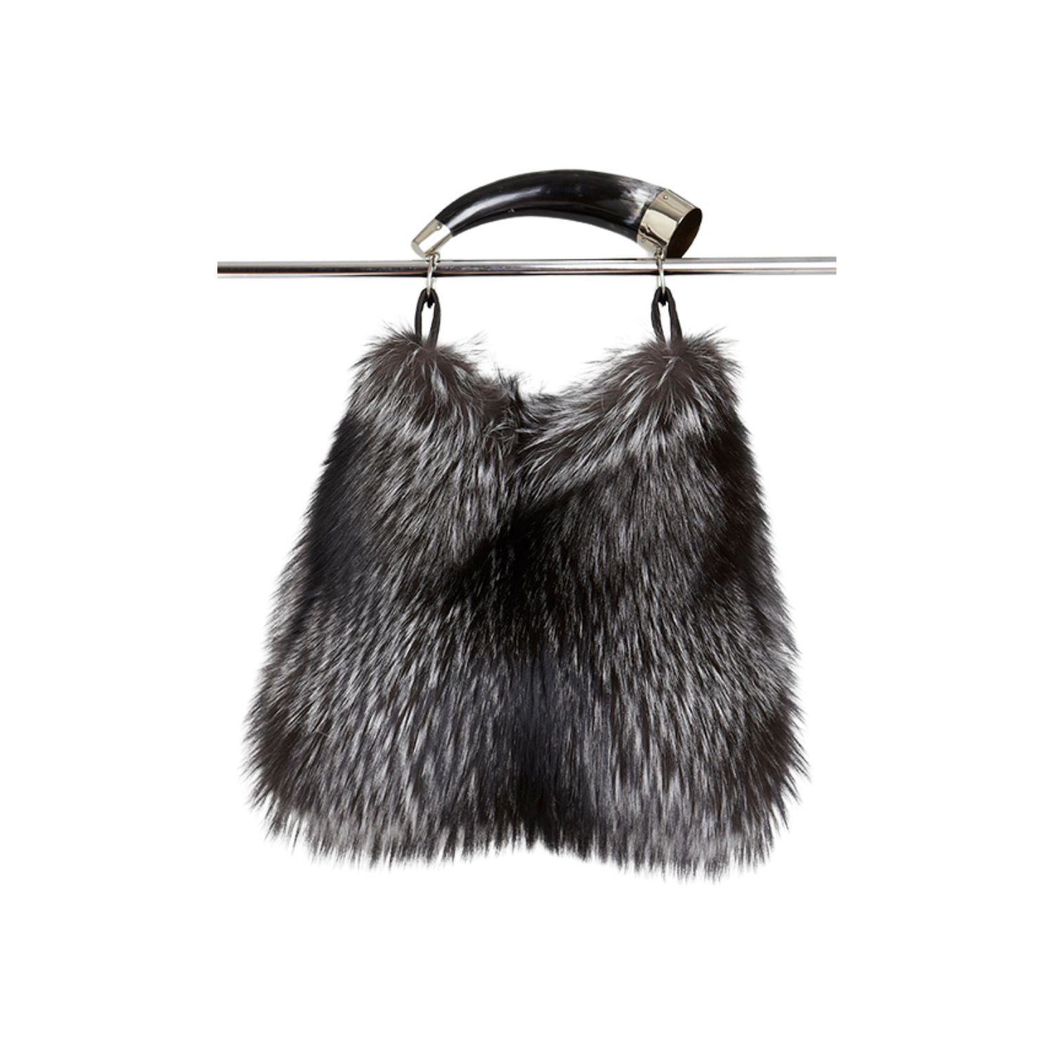 Genuine silver black fox fur handbag with cow horn handle. Made in the USA.