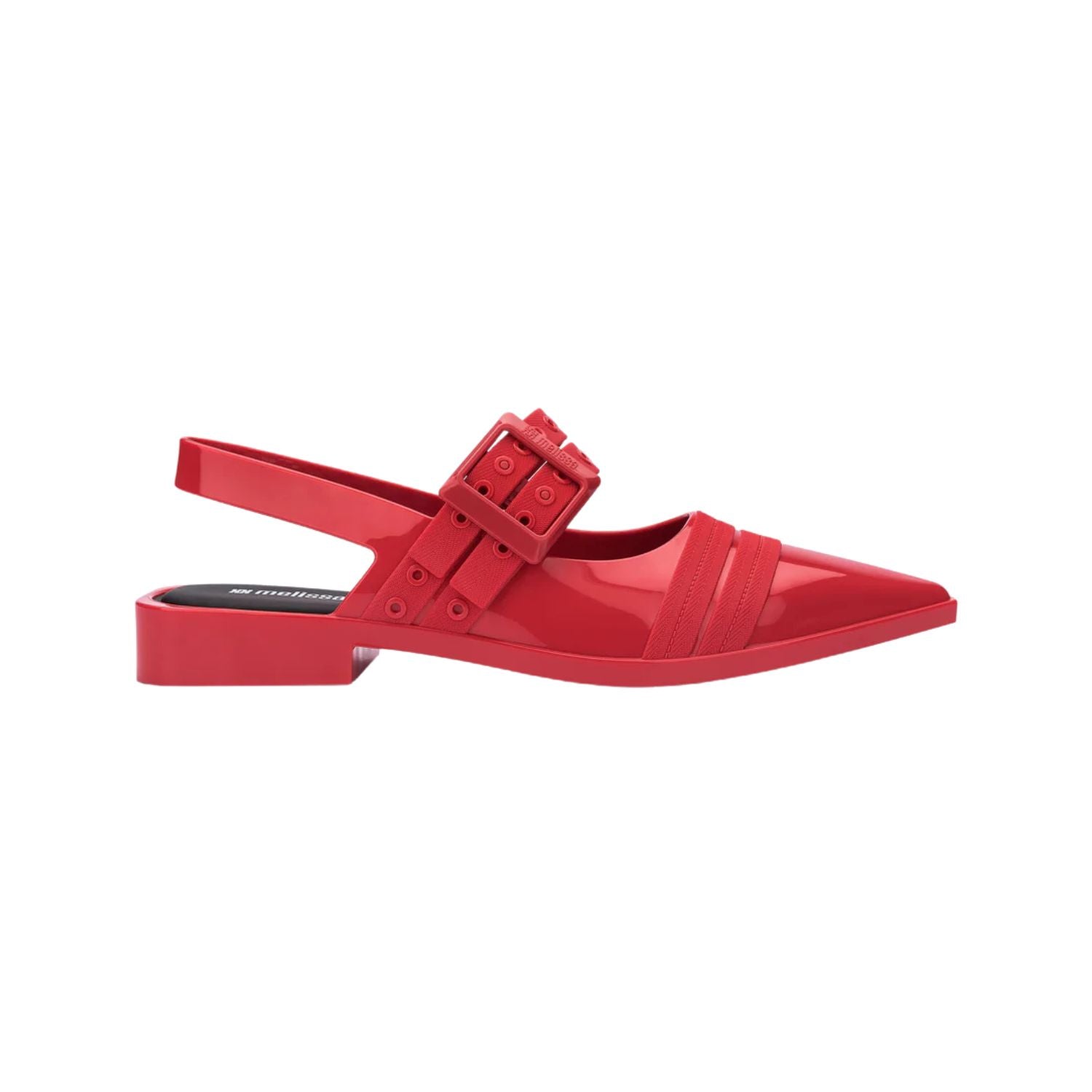 red pointed toe sling back ballerina flat with adjustable buckle front strap and bubblegum scent
