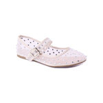 nude off white mesh flat buckle strap with rhinestone detail