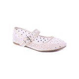 nude off white mesh flat buckle strap with rhinestone detail