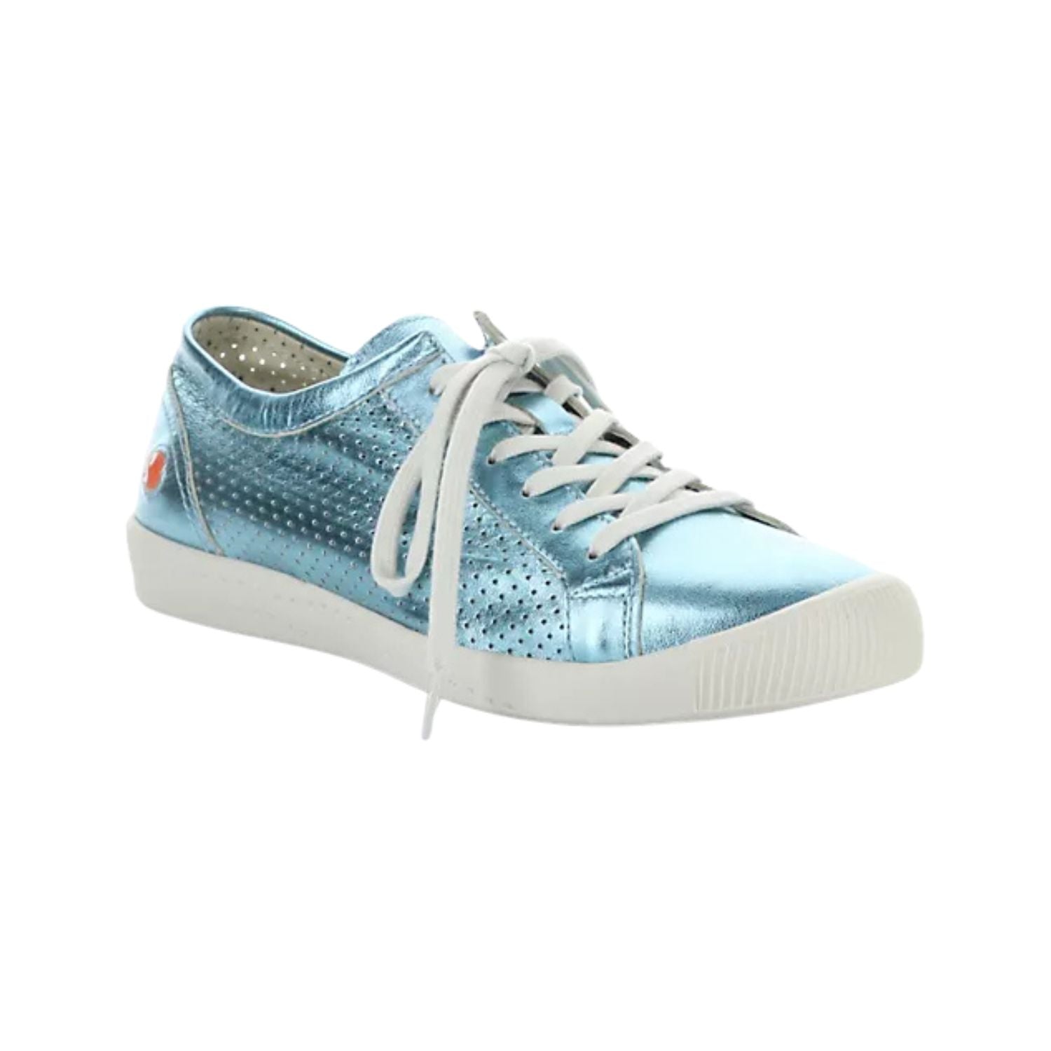 blue metallic perforated low top sneaker with white laces