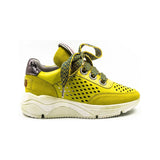 neon colored perforated platform sneaker with metallic back detail and patterned laces