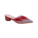 red and silver rhinestone embellished pointed toe slip on open back mule with small round heel