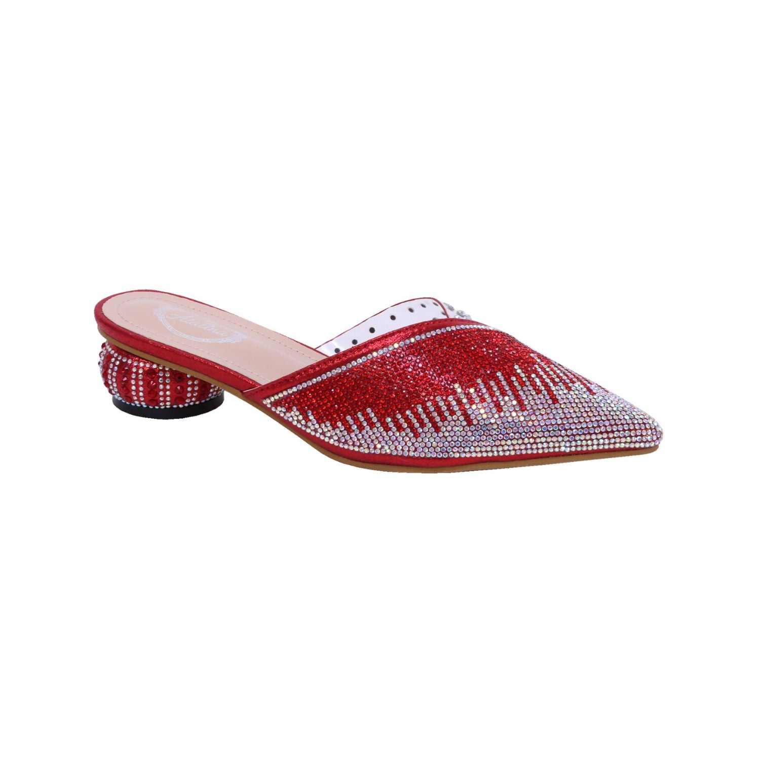 red and silver rhinestone embellished pointed toe slip on open back mule with small round heel