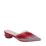 red and silver rhinestone embellished pointed toe slip on open back mule with small round heel profile