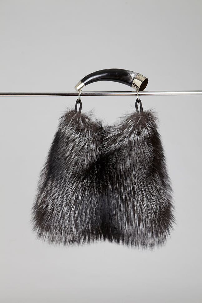 Genuine silver black fox fur handbag with cow horn handle. Made in New York USA