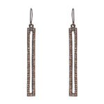 skinny rectangle crystal drop earrings feature antique brass finish with black diamond crystals. Handmade in New York.