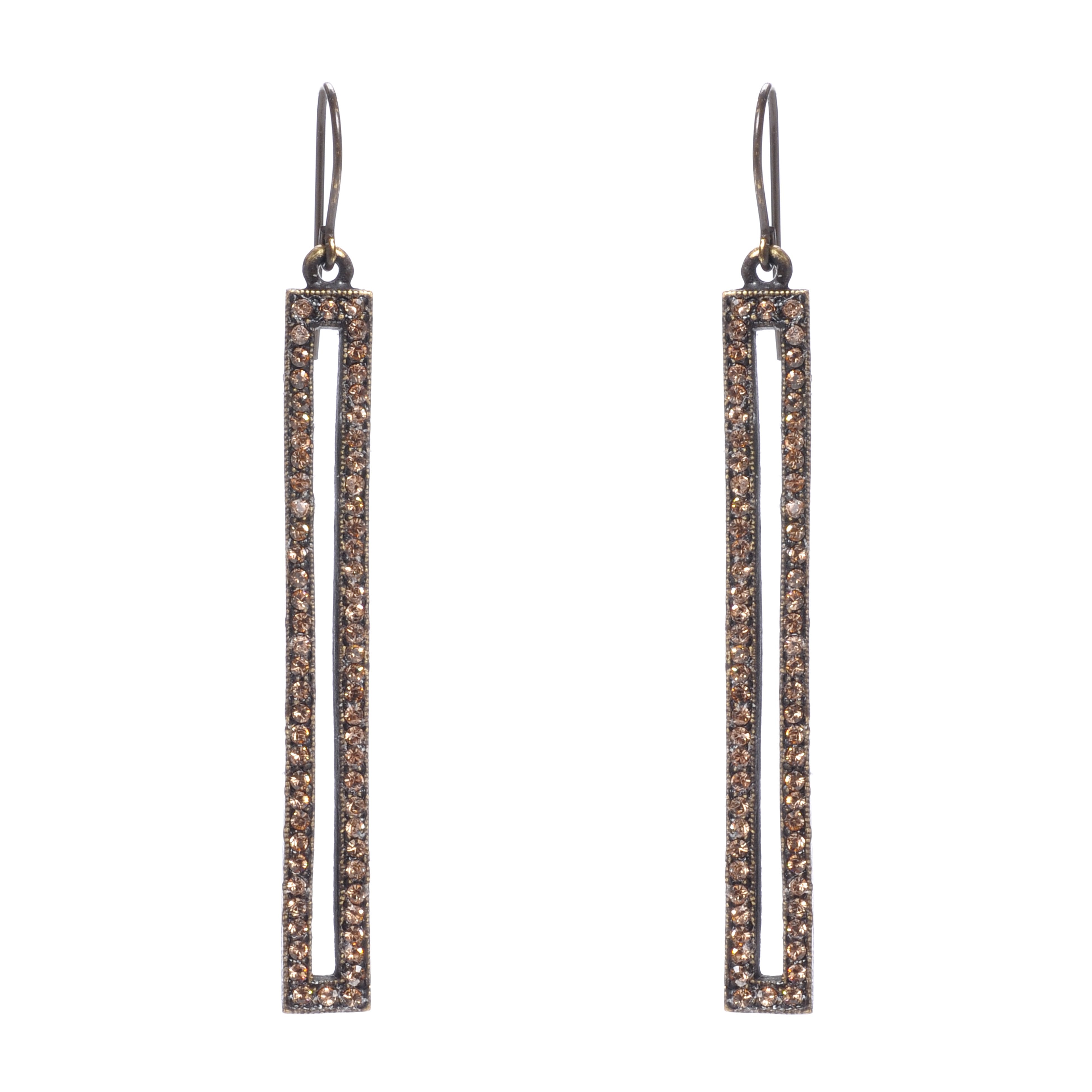 skinny rectangle crystal drop earrings feature antique brass finish with black diamond crystals. Handmade in New York.