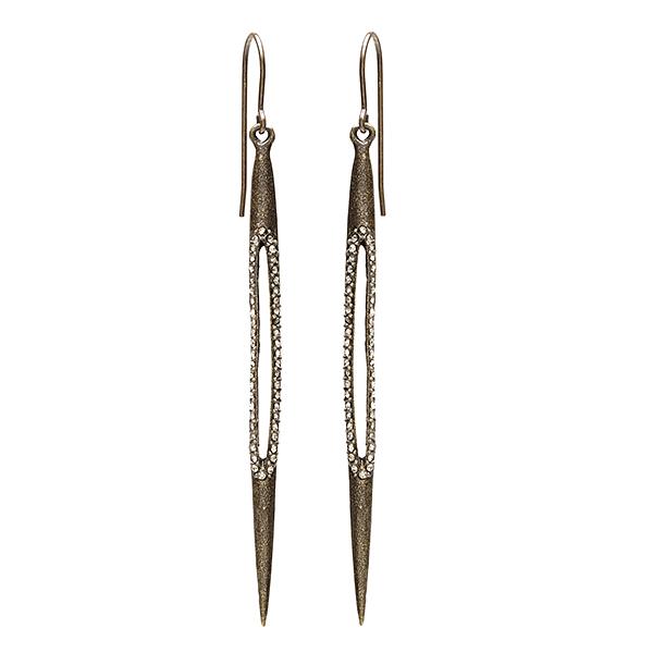 long bullet drop earrings with crystal cut-outs feature an antique brass finish with black diamond crystals. Handmade in New York.