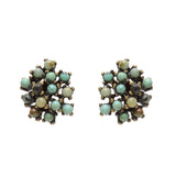Rebel cluster stud earrings. Antique brass finish with African turquoise beads. Handmade in New York.
