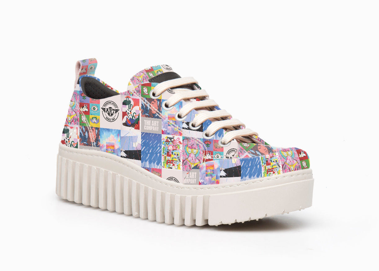 Colorful platform sneakers with a patterned design on a white background