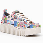 Colorful platform sneakers with a patterned design on a white background