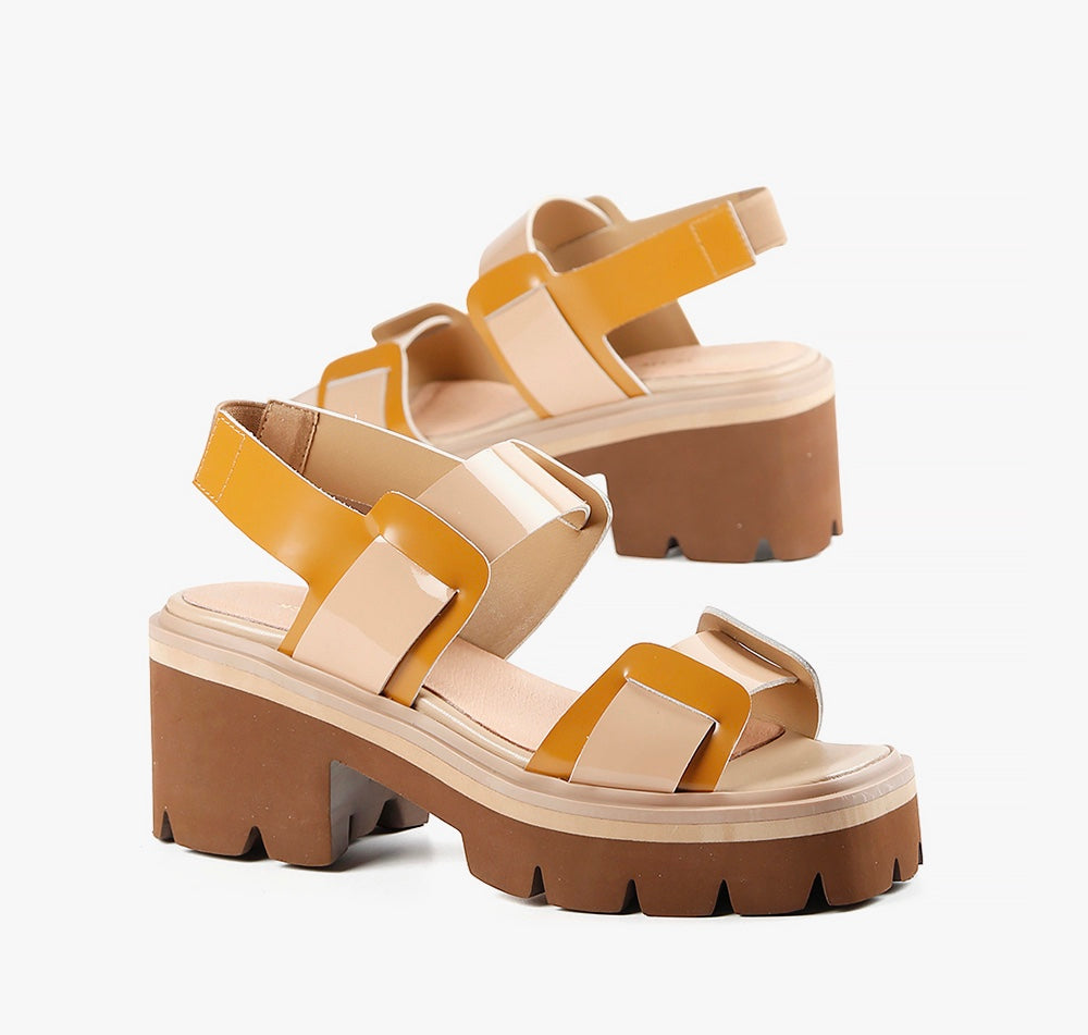 orange and tan multi-colored strappy platform wedge sandal