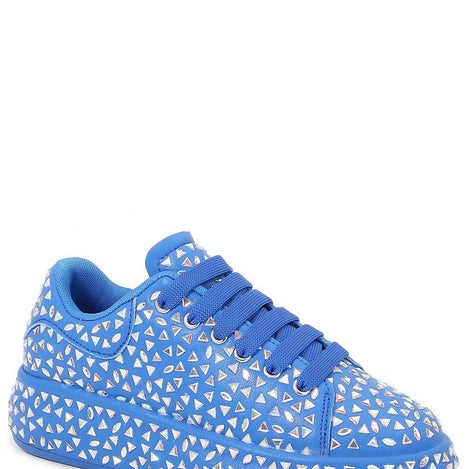 blue sneaker with triangle silver detail and blue laces
