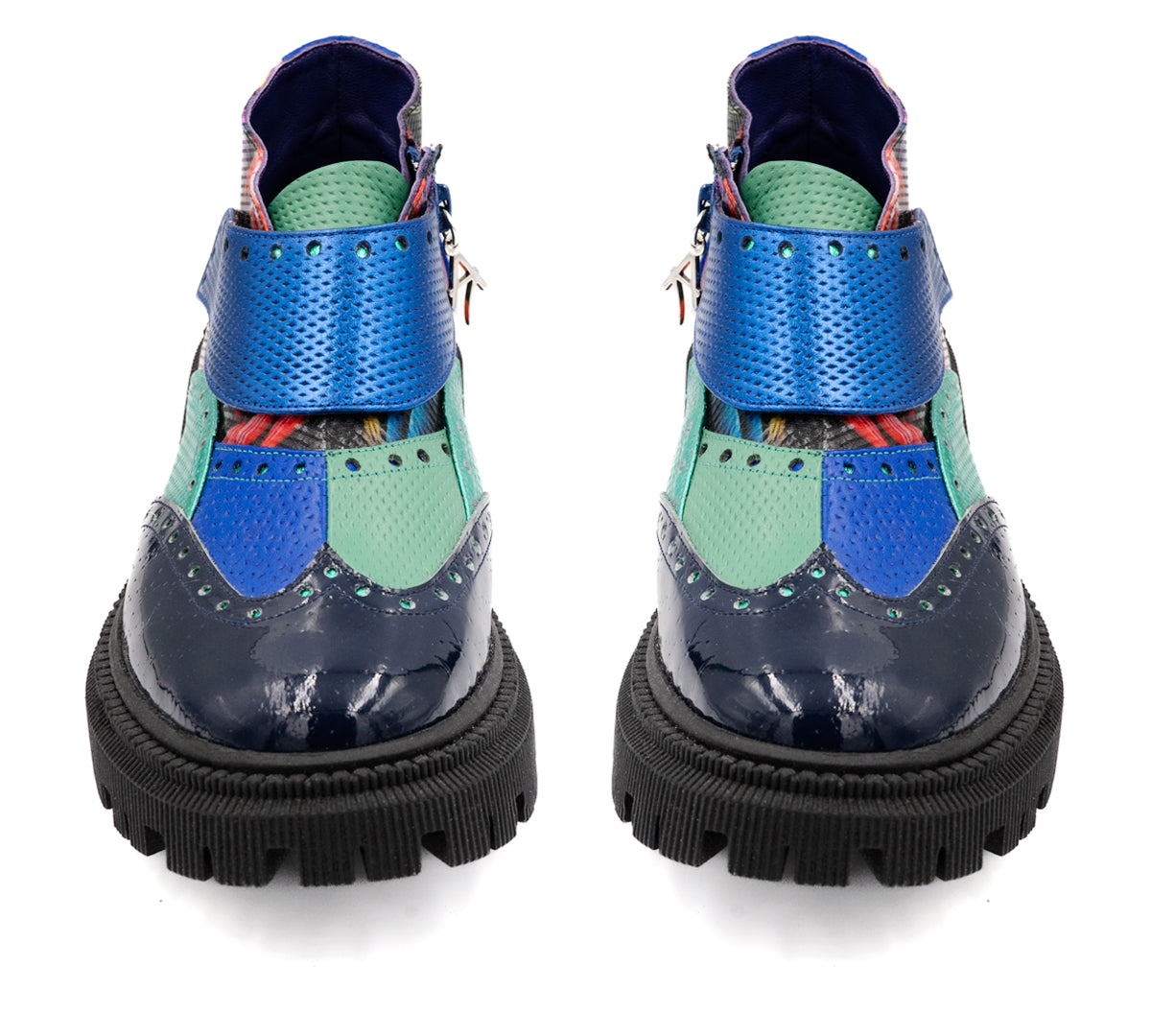blue multi-color bootie with chunky heel by altura sie7e from Shoe Be Do USA front view