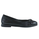 Black leather ballet flat shoe on a white background
