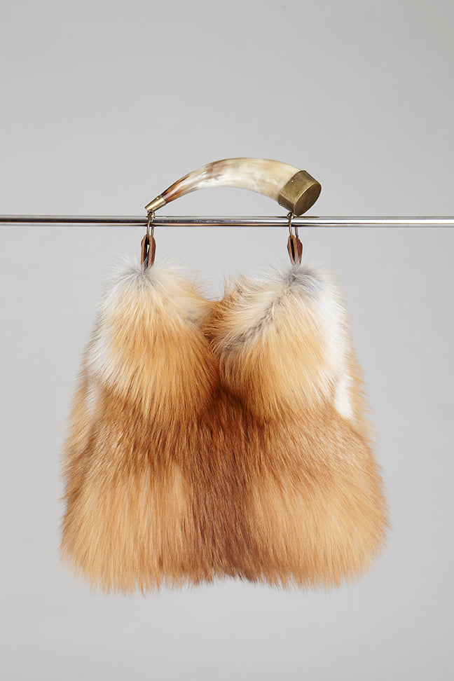red genuine fox fur handbag purse with horn handle.