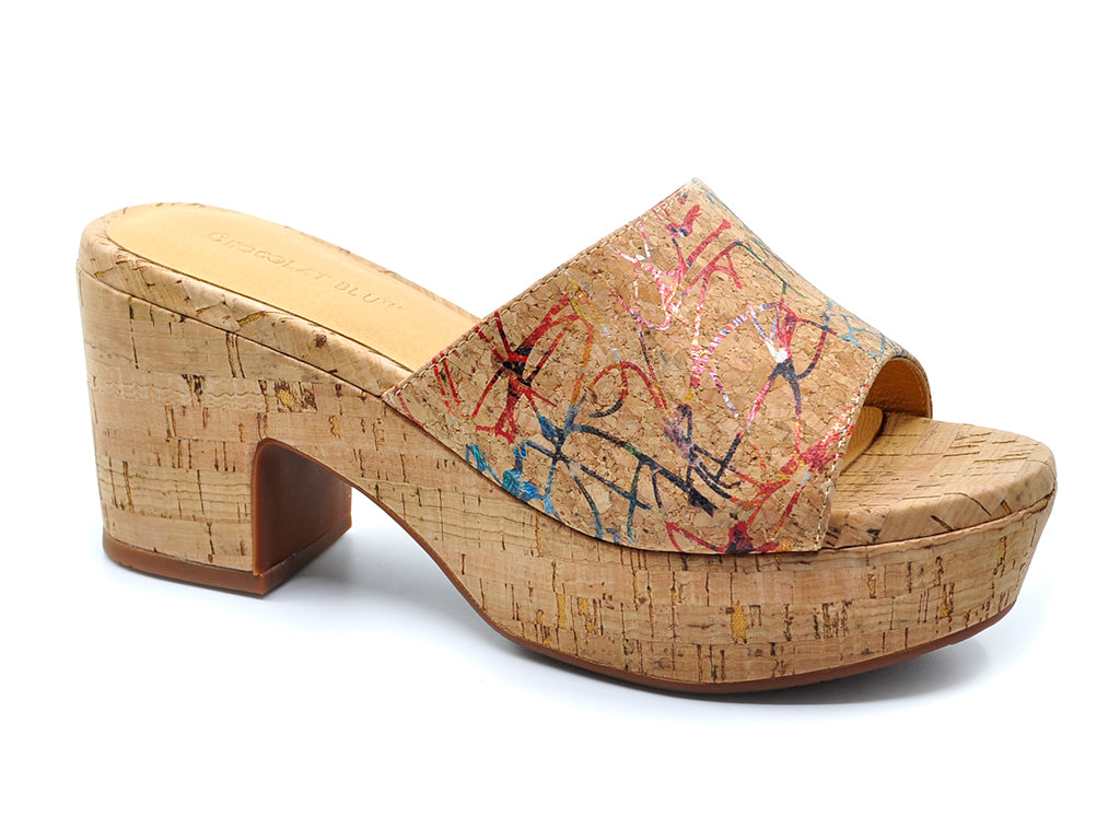 platform slide heel sandal natural cork with multi-color design detail close up