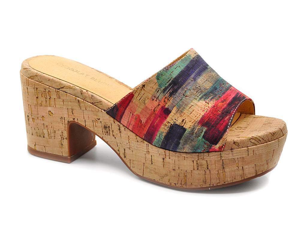 platform slide heel sandal natural cork with multi-color design detail close up
