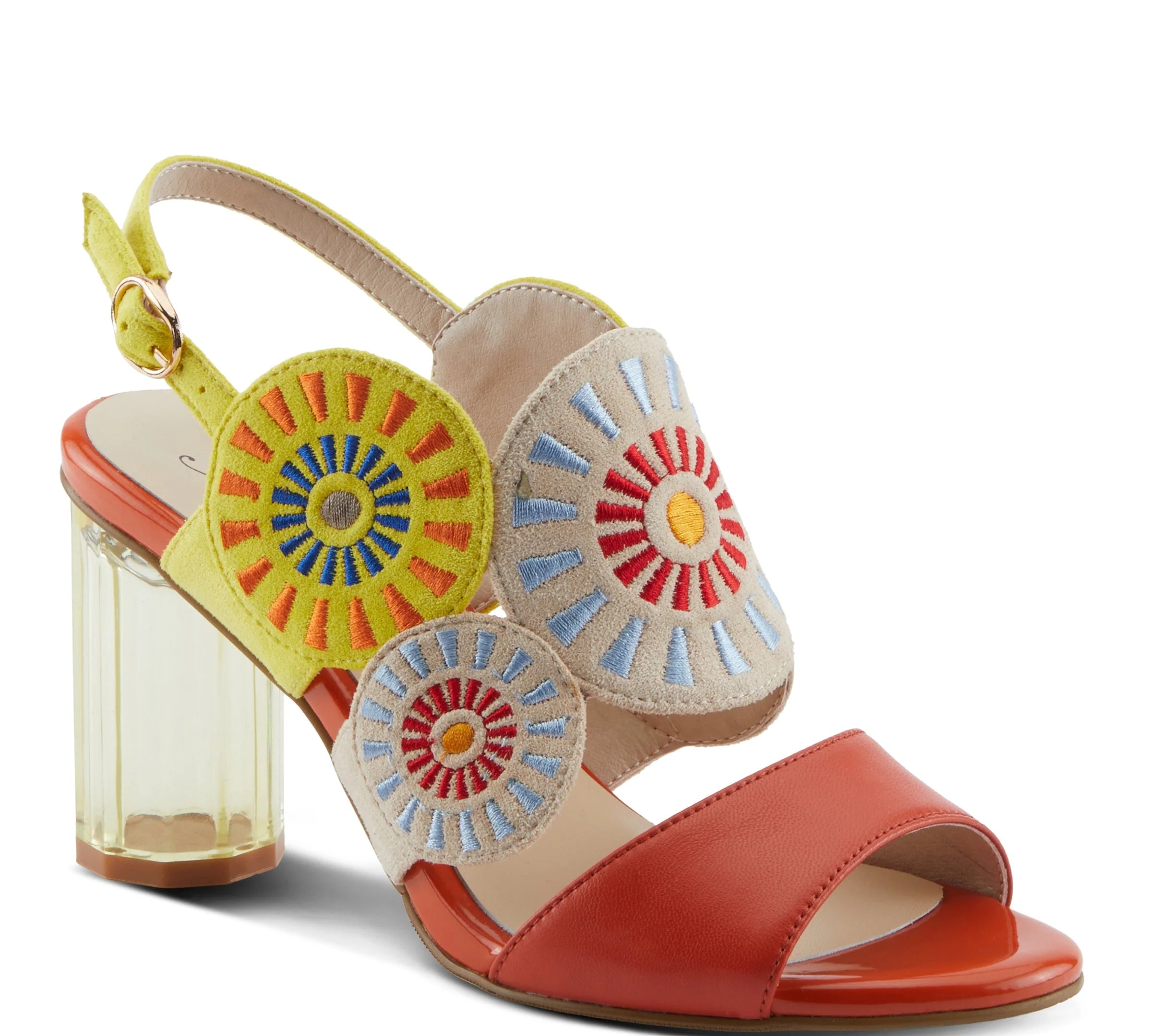 orange yellow red blue platform heel sandal with sunburst design and embroidery from the best shoe store angled view