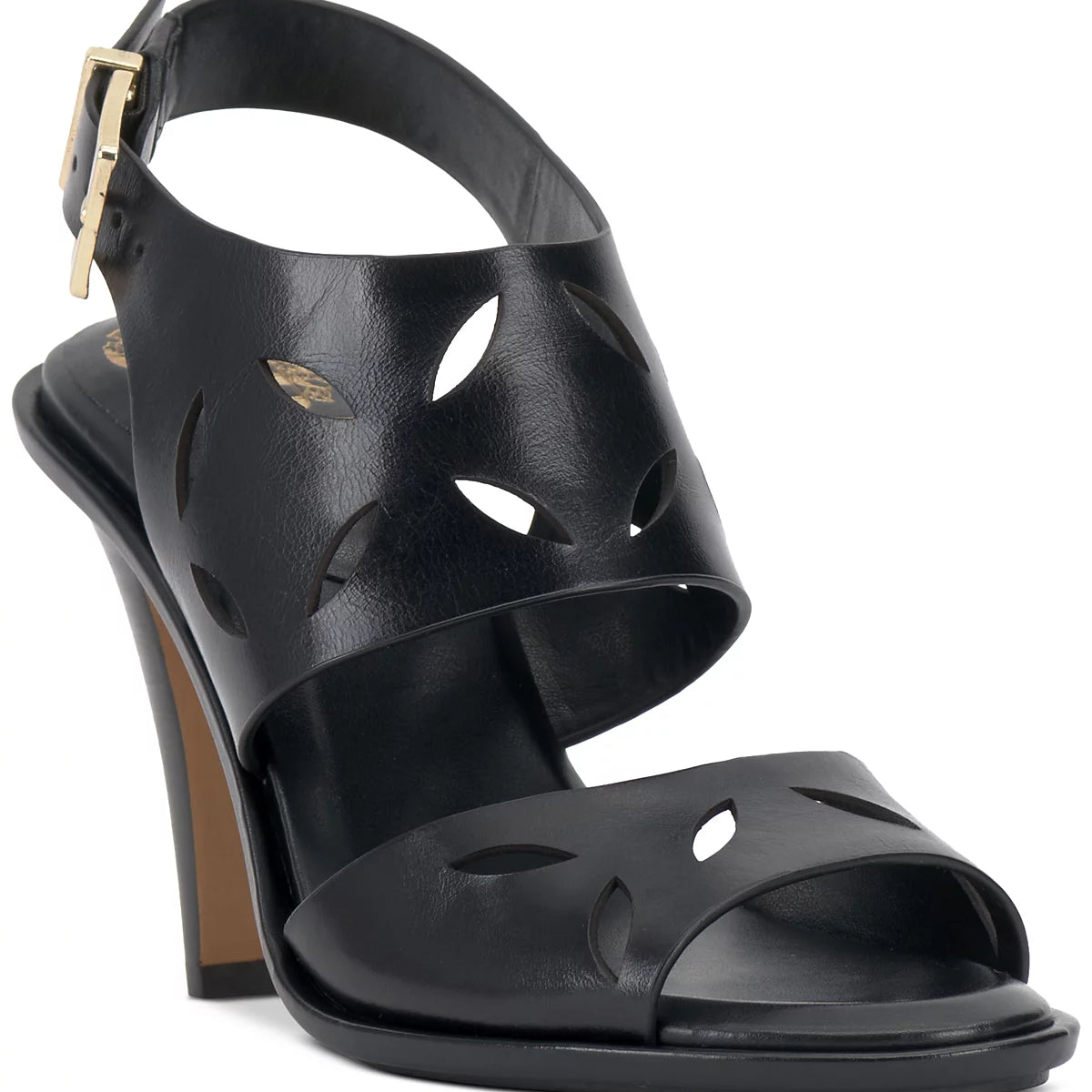Black strappy heel sandal with buckle and cut out detail by Vince Camuto side view