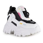 chunky platform sneaker in white with blocks of black and blue details side profile