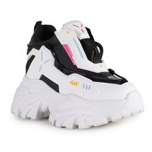 chunky platform sneaker in white with blocks of black and blue details side profile
