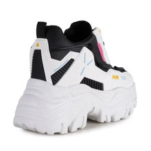 chunky platform sneaker in white with blocks of black and blue details back