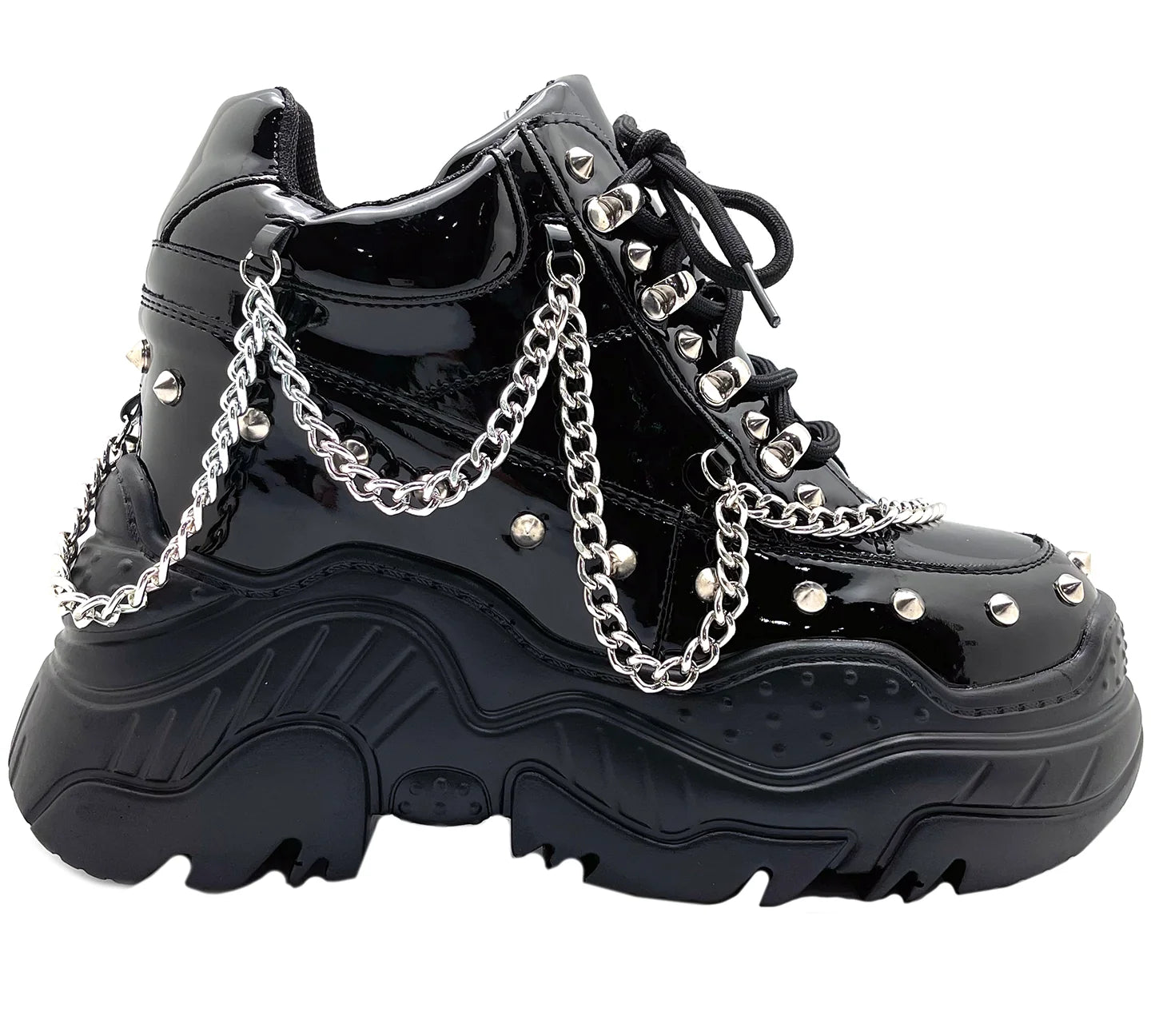 black platform high top sneakers with chains and stud detail