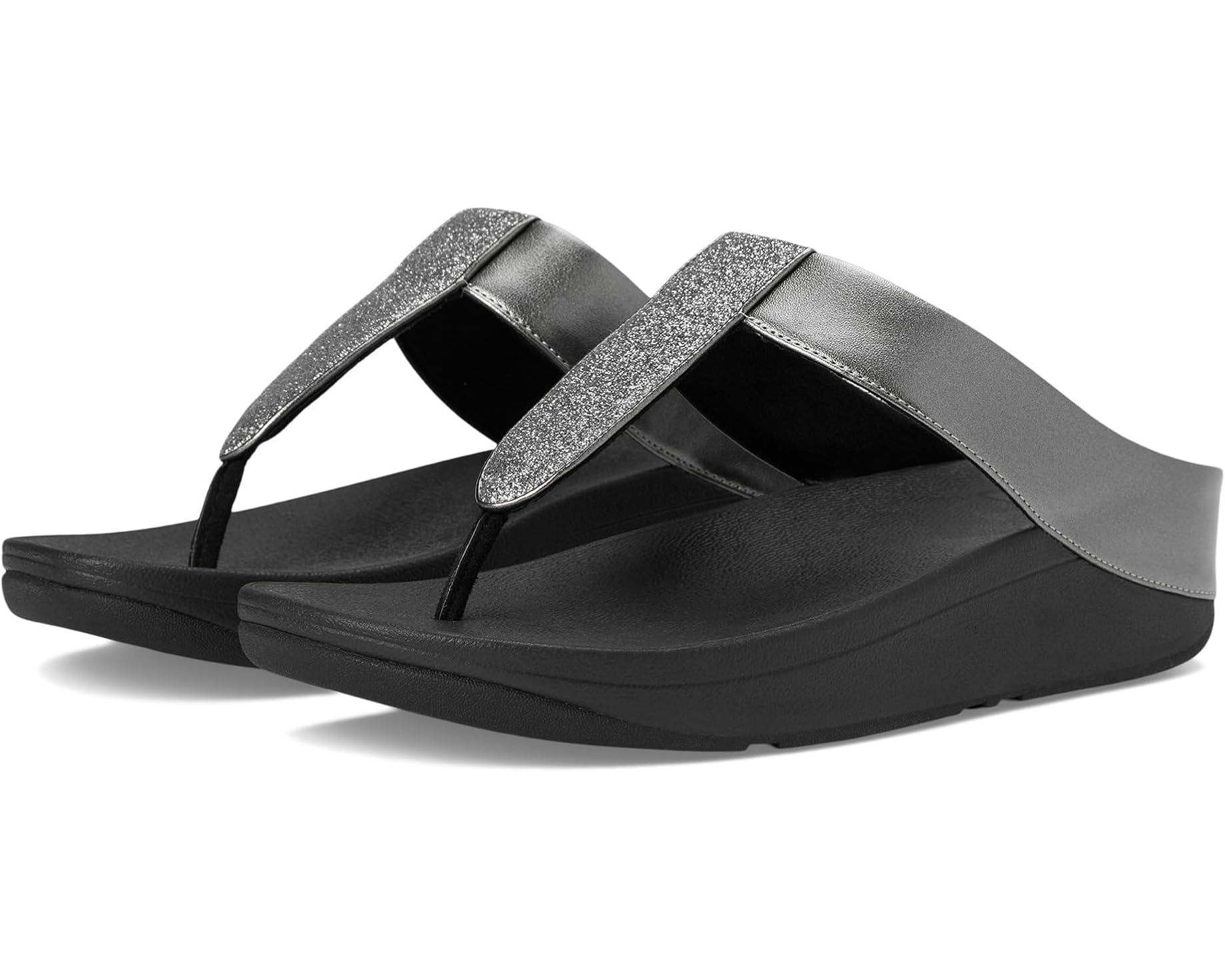 black and silver metallic platform wedge fit form flip flop pair
