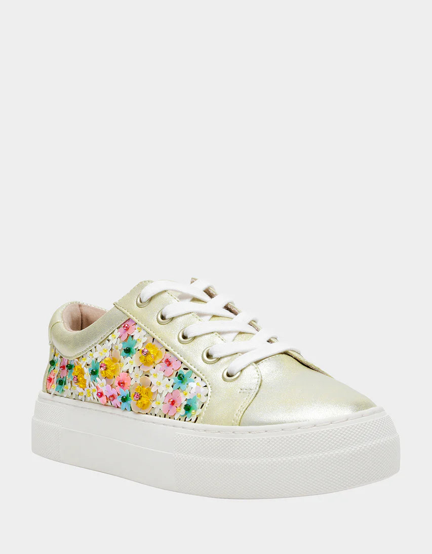 multi-color flower sequin sneaker with laces by Betsey Johnson side profile