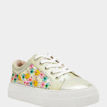 multi-color flower sequin sneaker with laces by Betsey Johnson side profile