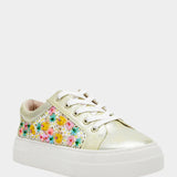 multi-color flower sequin sneaker with laces by Betsey Johnson side profile