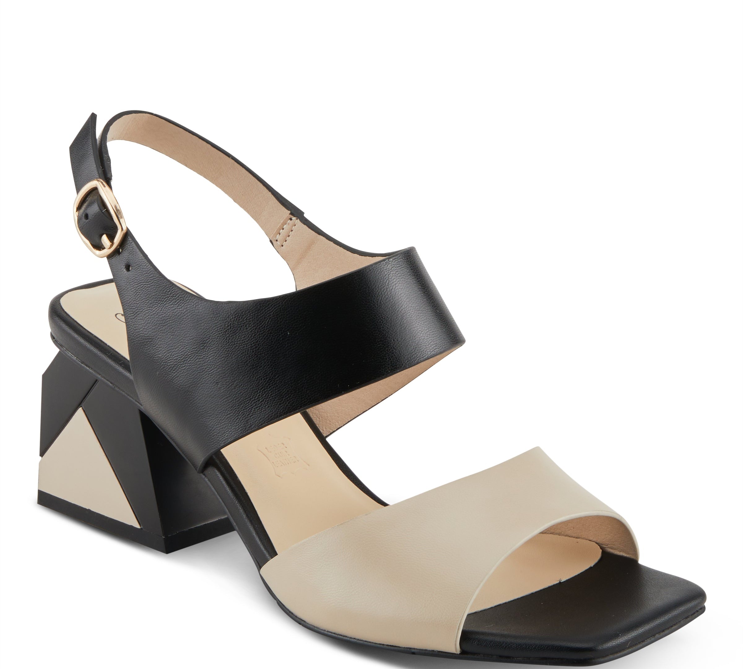 square toe block heel sandal in black and beige with adjustable strap by Azura from the best shoe store side view